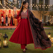 Red and Black Printed Flared Kurta Dupatta Suit