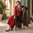 Red and Black Printed Flared Kurta Dupatta Suit