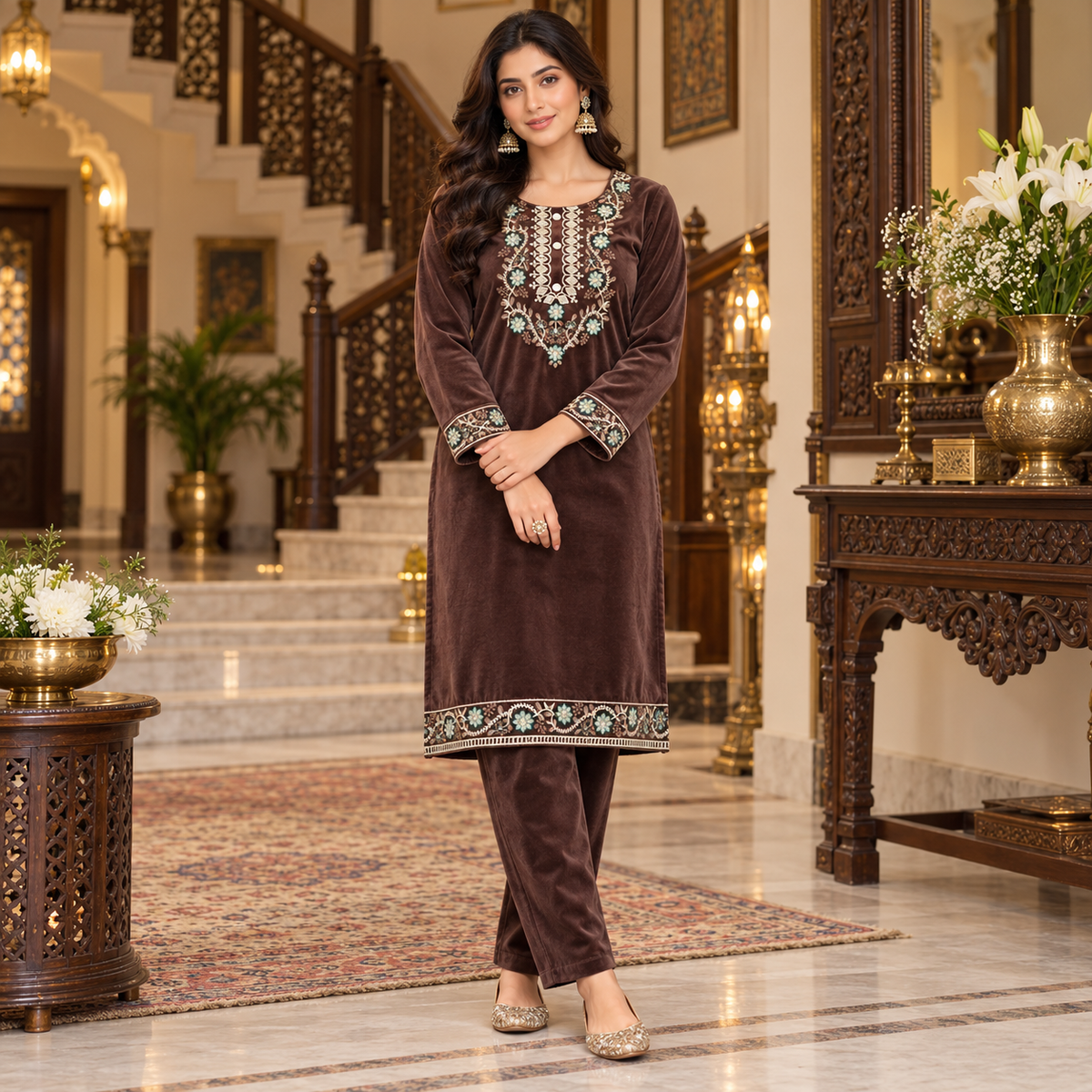 Brown Velvet  Heavy Embroidered Cord Set