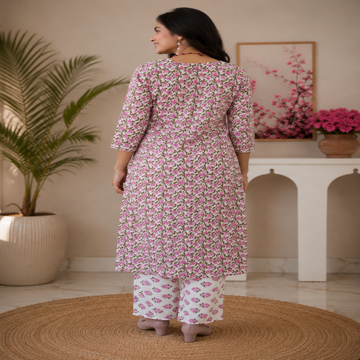 Rose Pink Cotton Kurta Set for Women with Floral Printed Kurta and Matching Straight Pants