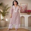 Rose Pink Cotton Kurta Set for Women with Floral Printed Kurta and Matching Straight Pants