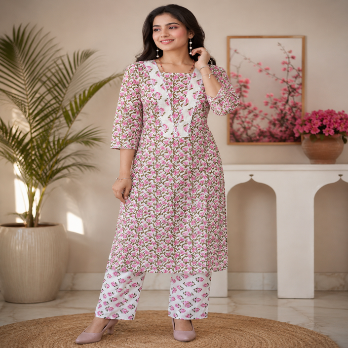 Rose Pink Cotton Kurta Set for Women with Floral Printed Kurta and Matching Straight Pants
