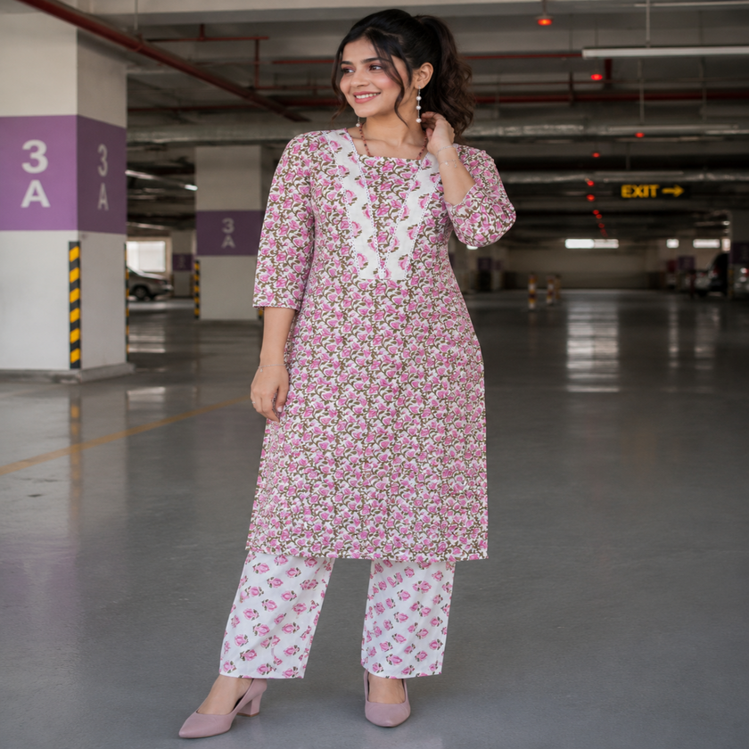 Rose Pink Cotton Kurta Set for Women with Floral Printed Kurta and Matching Straight Pants