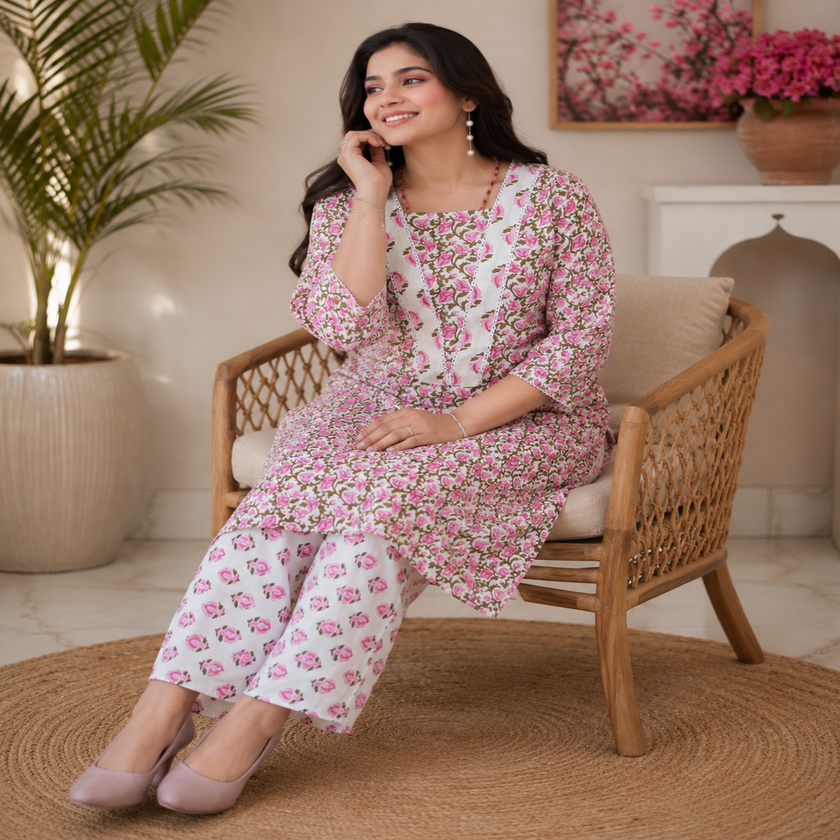 Rose Pink Cotton Kurta Set for Women with Floral Printed Kurta and Matching Straight Pants