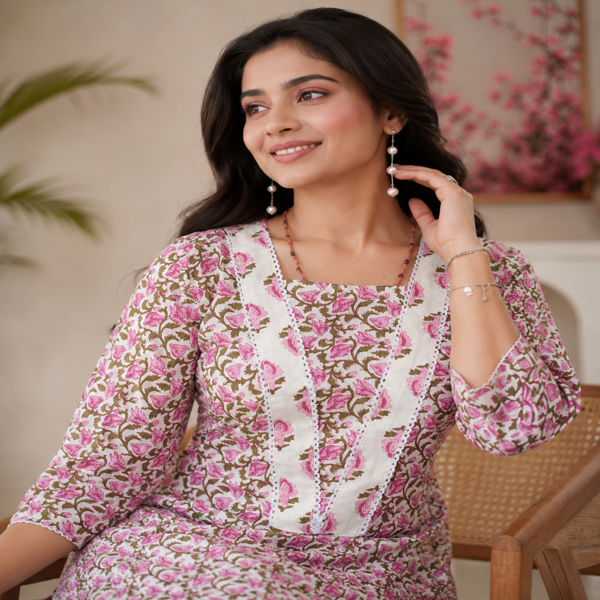 Rose Pink Cotton Kurta Set for Women with Floral Printed Kurta and Matching Straight Pants