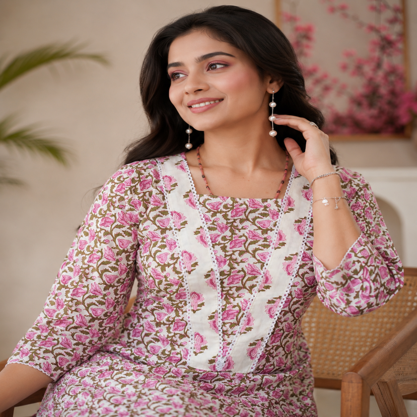 Rose Pink Cotton Kurta Set for Women with Floral Printed Kurta and Matching Straight Pants