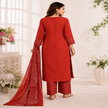 Rust Bandhej cotton dupatta suit for women with embroidered kurta, pants and Mal Mal dupatta