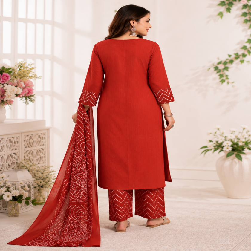 Rust Bandhej cotton dupatta suit for women with embroidered kurta, pants and Mal Mal dupatta