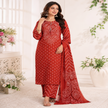 Rust Bandhej cotton dupatta suit for women with embroidered kurta, pants and Mal Mal dupatta