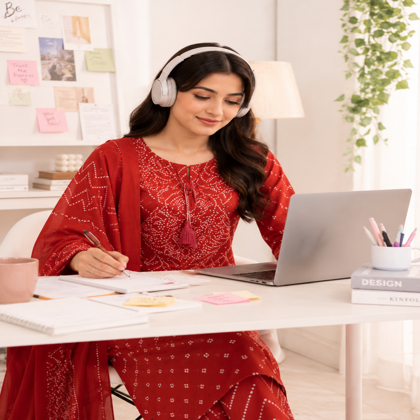 Rust Bandhej cotton dupatta suit for women with embroidered kurta, pants and Mal Mal dupatta