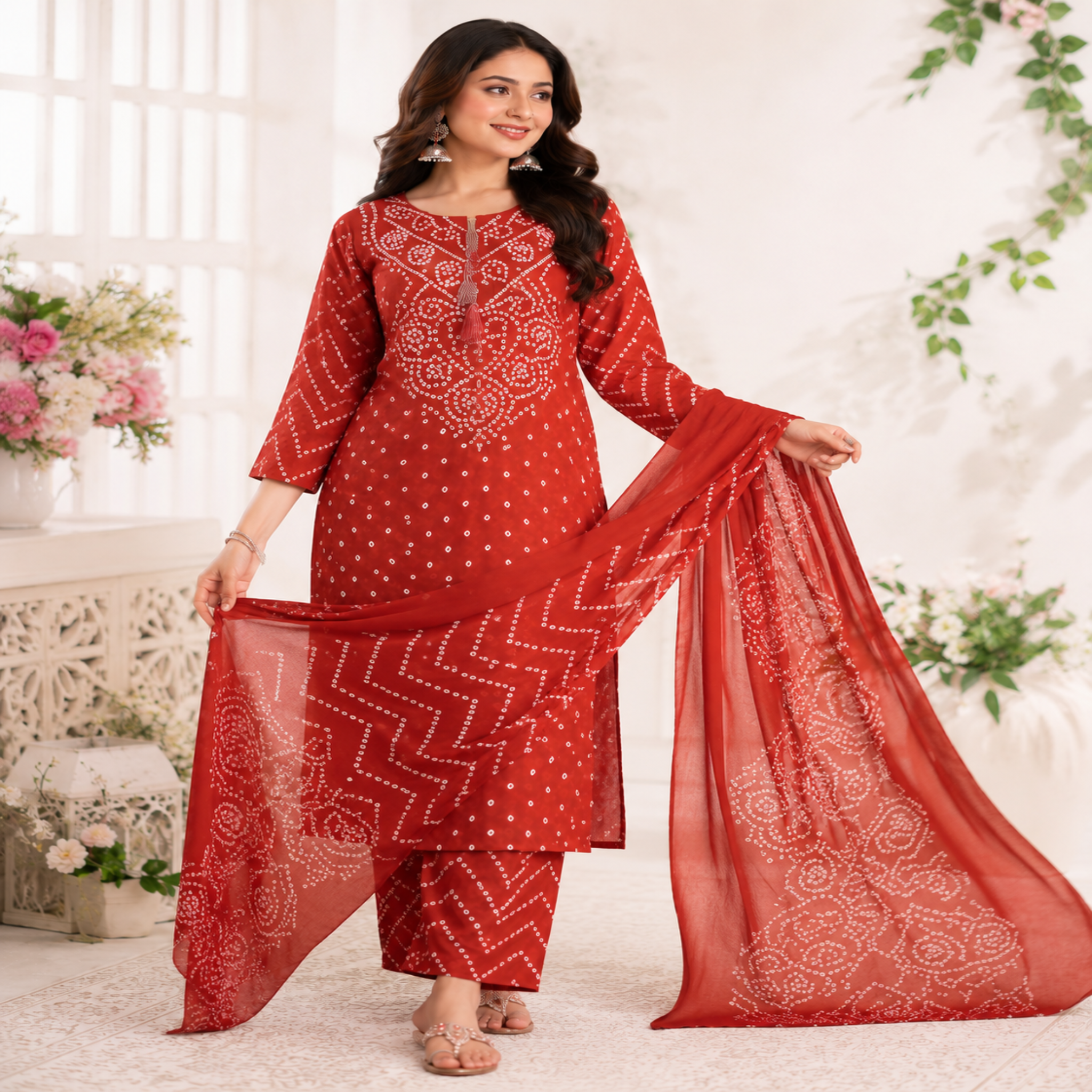 Rust Bandhej cotton dupatta suit for women with embroidered kurta, pants and Mal Mal dupatta
