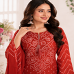 Rust Bandhej cotton dupatta suit for women with embroidered kurta, pants and Mal Mal dupatta