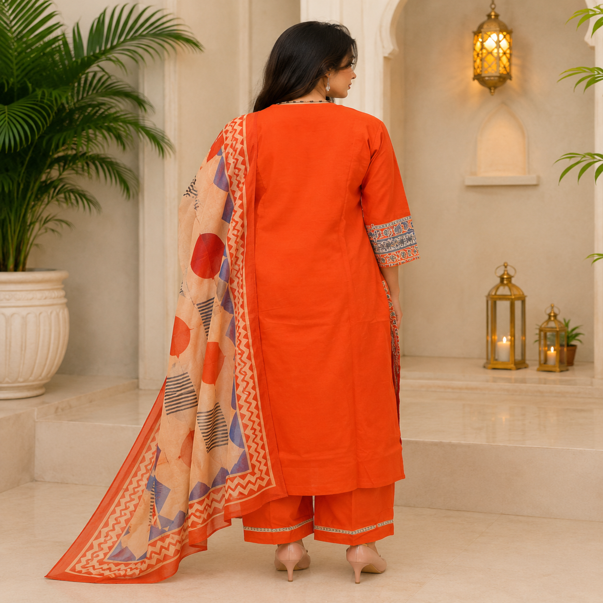 Rust cotton printed dupatta suit for women with embroidered kurta, matching pants and Mal Mal dupatta