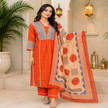 Rust cotton printed dupatta suit for women with embroidered kurta, matching pants and Mal Mal dupatta