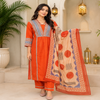 Rust cotton printed dupatta suit for women with embroidered kurta, matching pants and Mal Mal dupatta