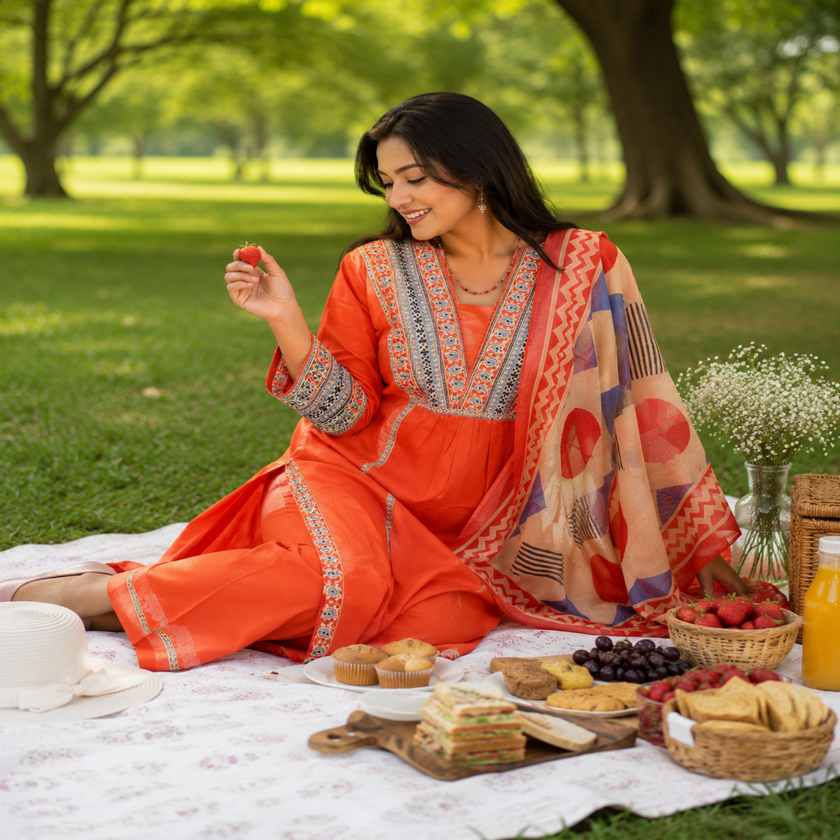 Rust cotton printed dupatta suit for women with embroidered kurta, matching pants and Mal Mal dupatta