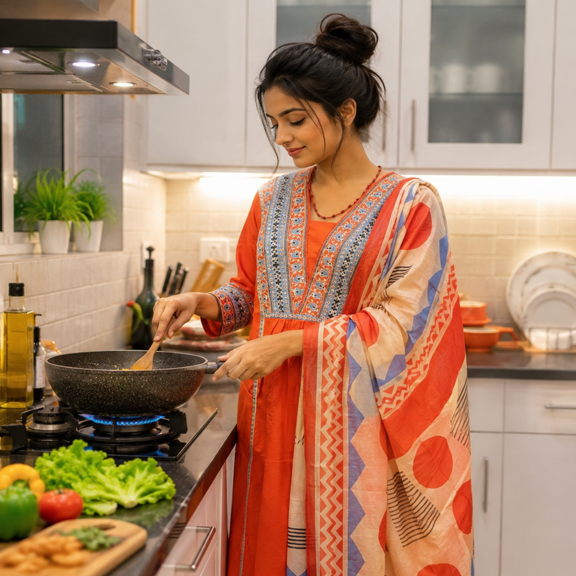 Rust cotton printed dupatta suit for women with embroidered kurta, matching pants and Mal Mal dupatta