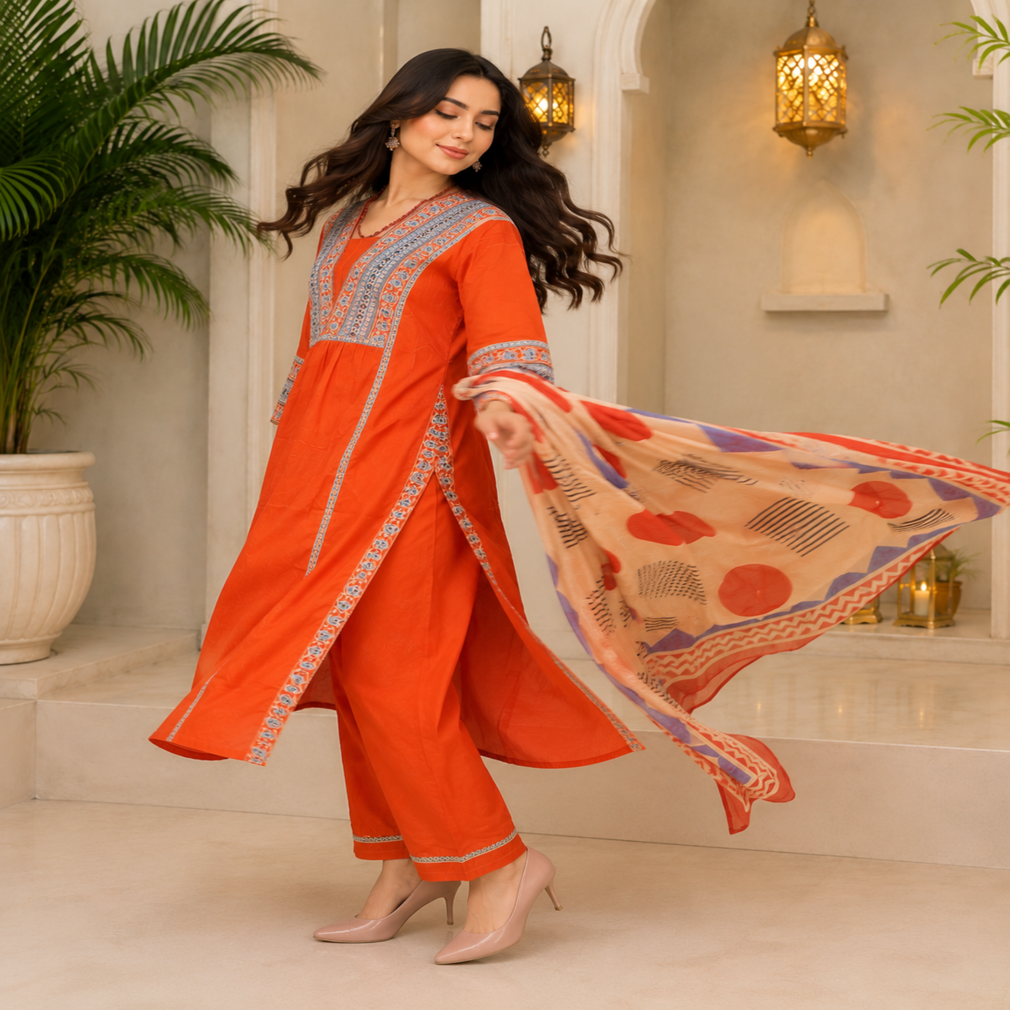 Rust cotton printed dupatta suit for women with embroidered kurta, matching pants and Mal Mal dupatta