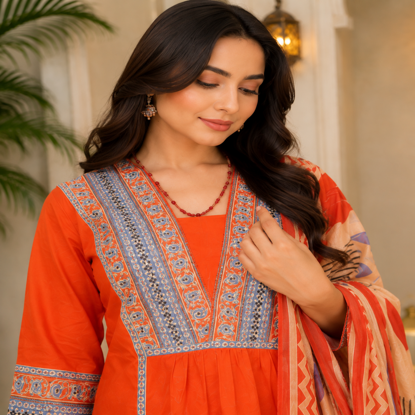 Rust cotton printed dupatta suit for women with embroidered kurta, matching pants and Mal Mal dupatta