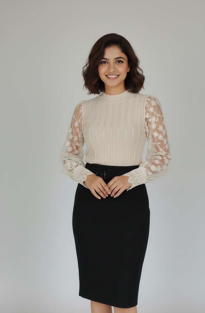 Cream Floral Sleeve Knit Winter Top