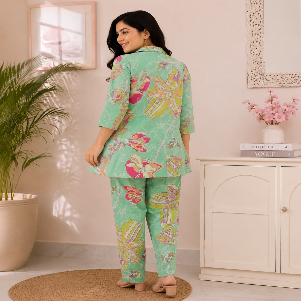 Sea green floral printed co-ord set for women with collared tunic and straight pants