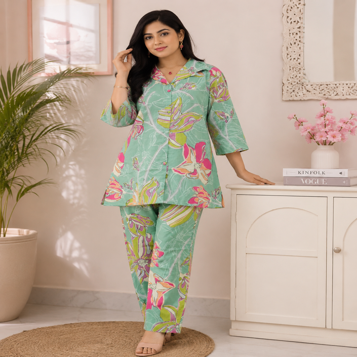 Sea green floral printed co-ord set for women with collared tunic and straight pants