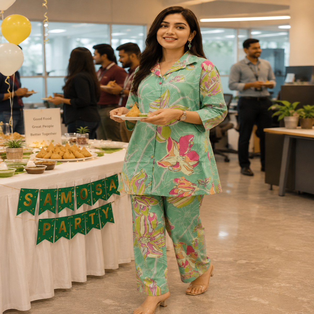 Sea green floral printed co-ord set for women with collared tunic and straight pants