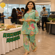 Sea green floral printed co-ord set for women with collared tunic and straight pants