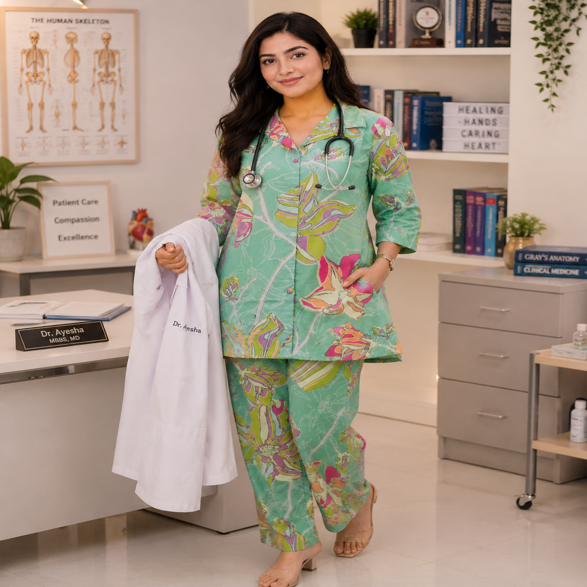 Sea green floral printed co-ord set for women with collared tunic and straight pants