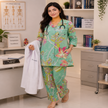 Sea green floral printed co-ord set for women with collared tunic and straight pants