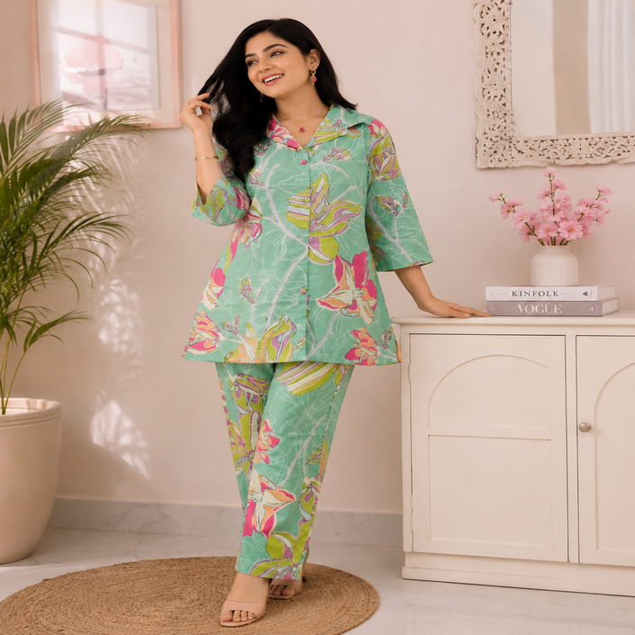 Sea green floral printed co-ord set for women with collared tunic and straight pants