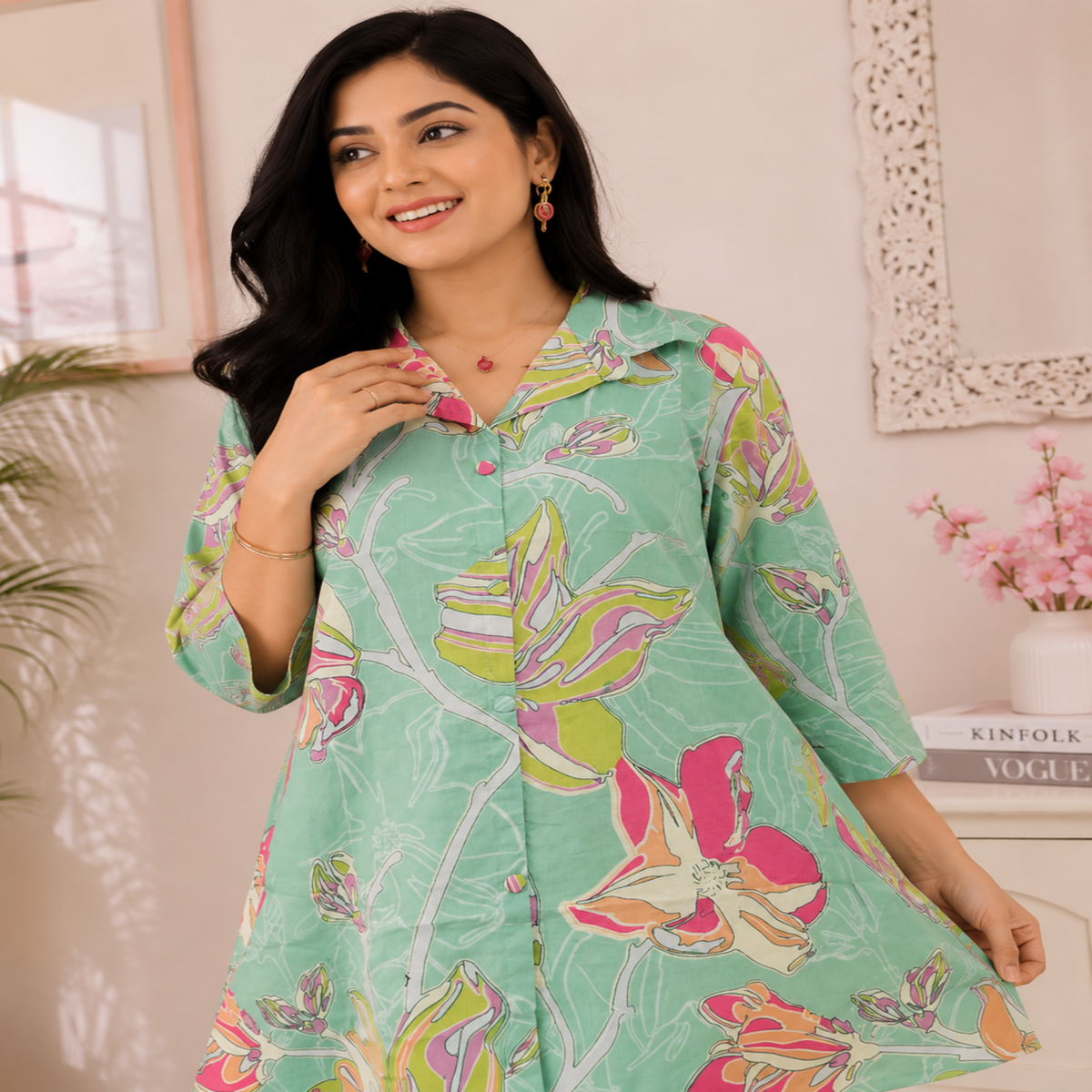 Sea green floral printed co-ord set for women with collared tunic and straight pants