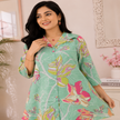 Sea green floral printed co-ord set for women with collared tunic and straight pants