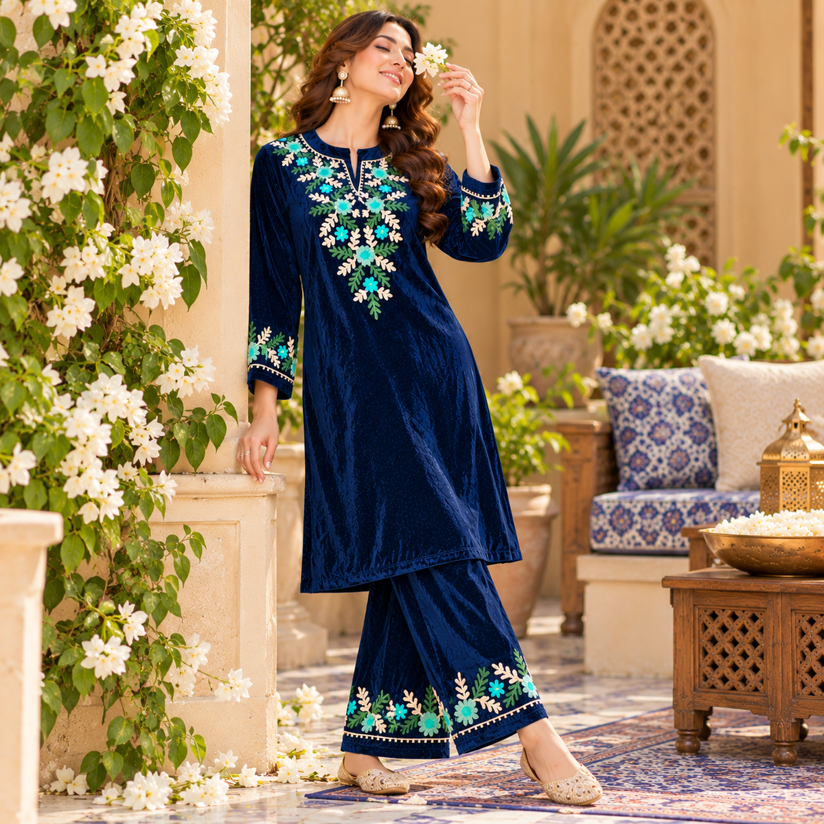 Blue Front-Back Embroidered Woolen Kurta Set