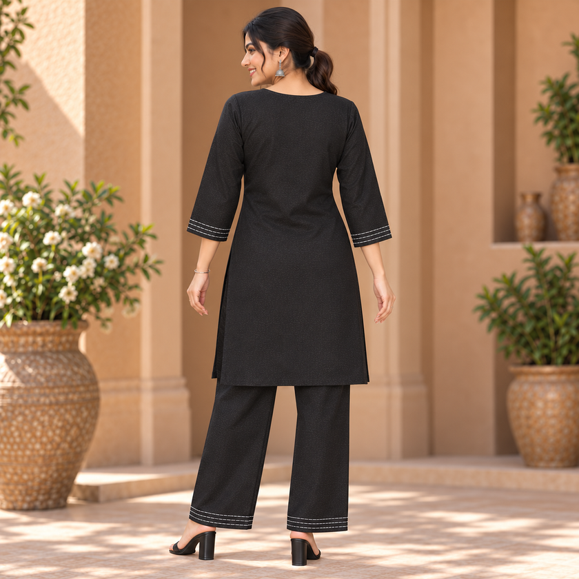 Shine Black Embroidered Cord Set