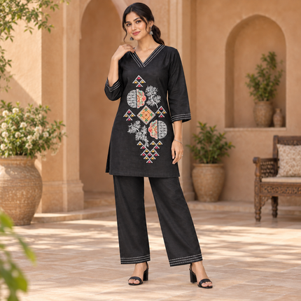 Shine Black Embroidered Cord Set