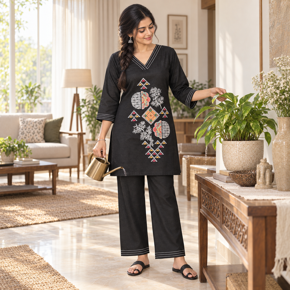 Shine Black Embroidered Cord Set