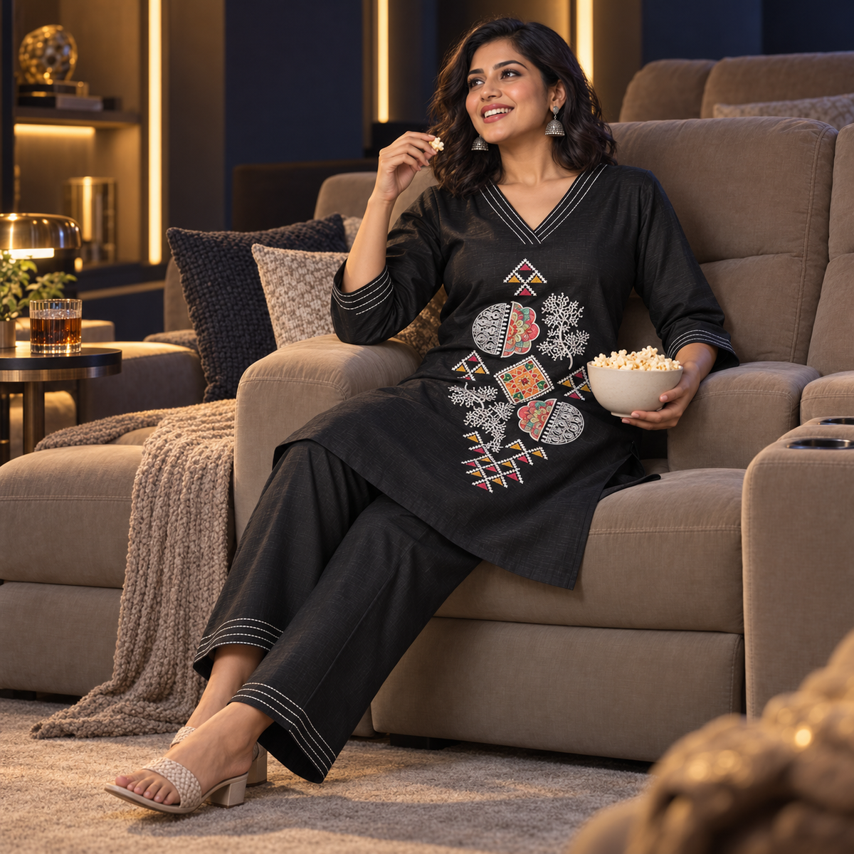 Shine Black Embroidered Cord Set