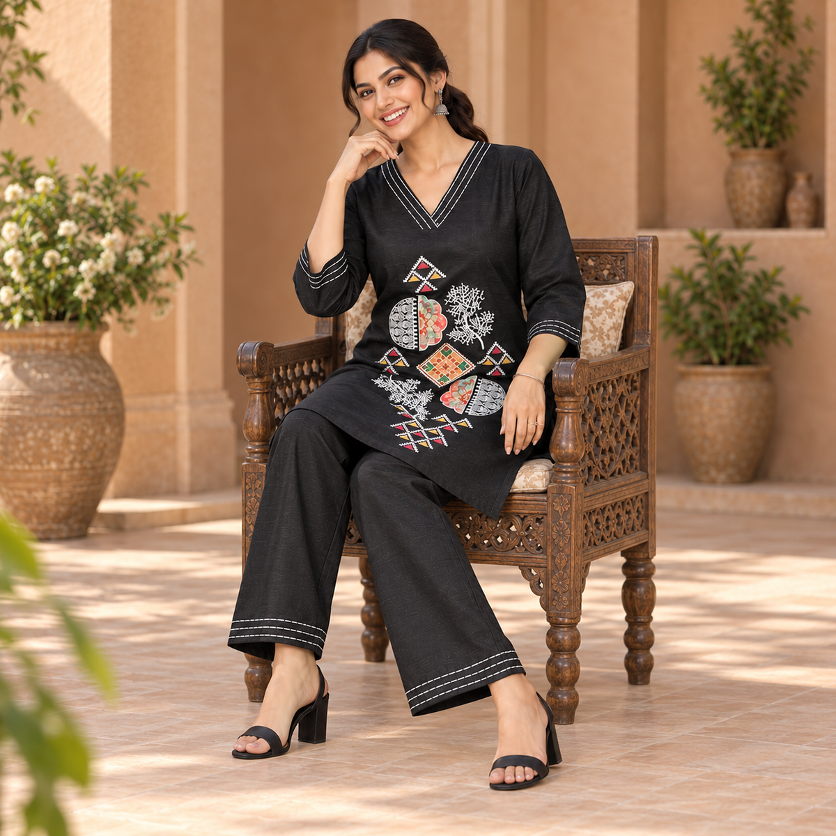 Shine Black Embroidered Cord Set
