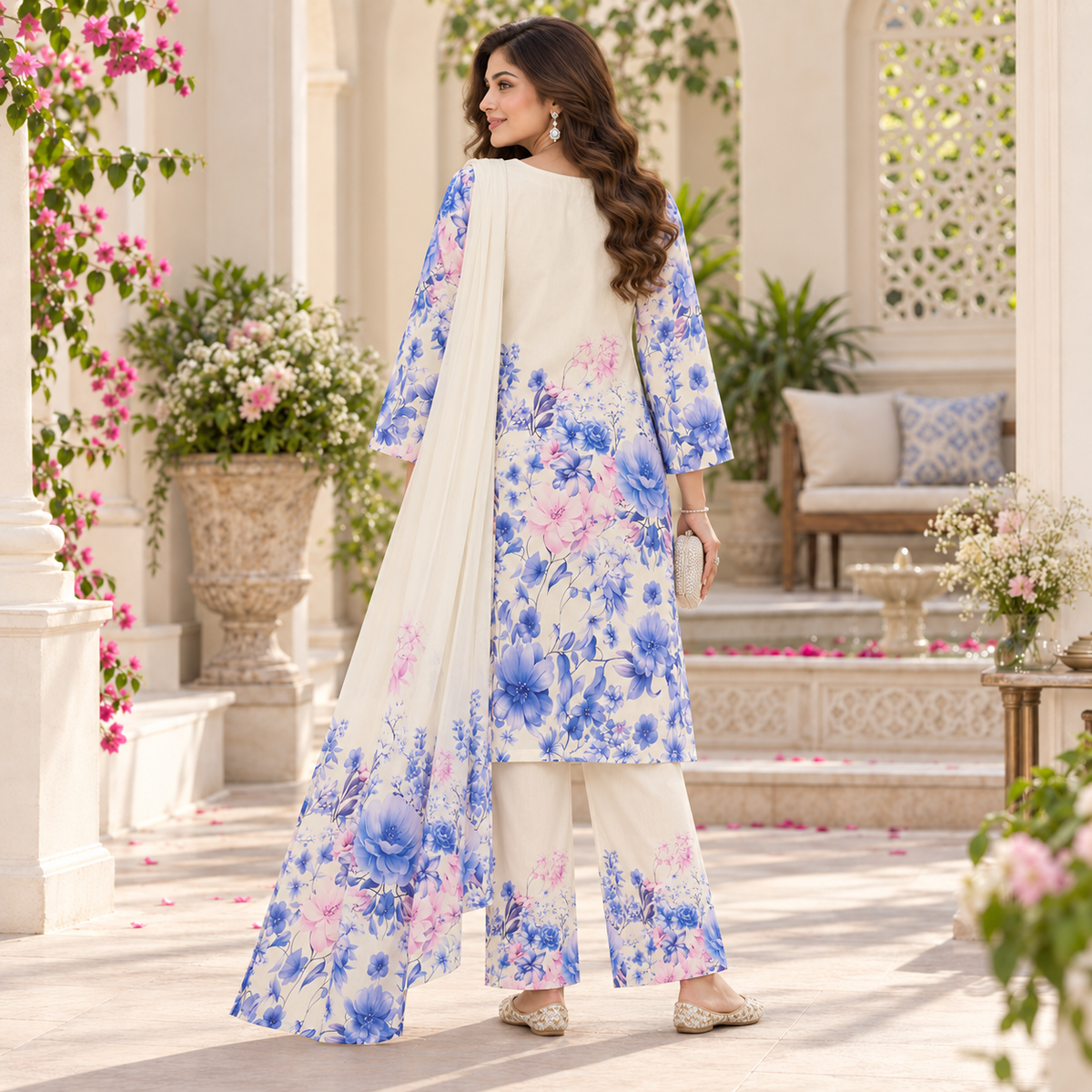 Sky Blue Satin Farshi Set with Dupatta