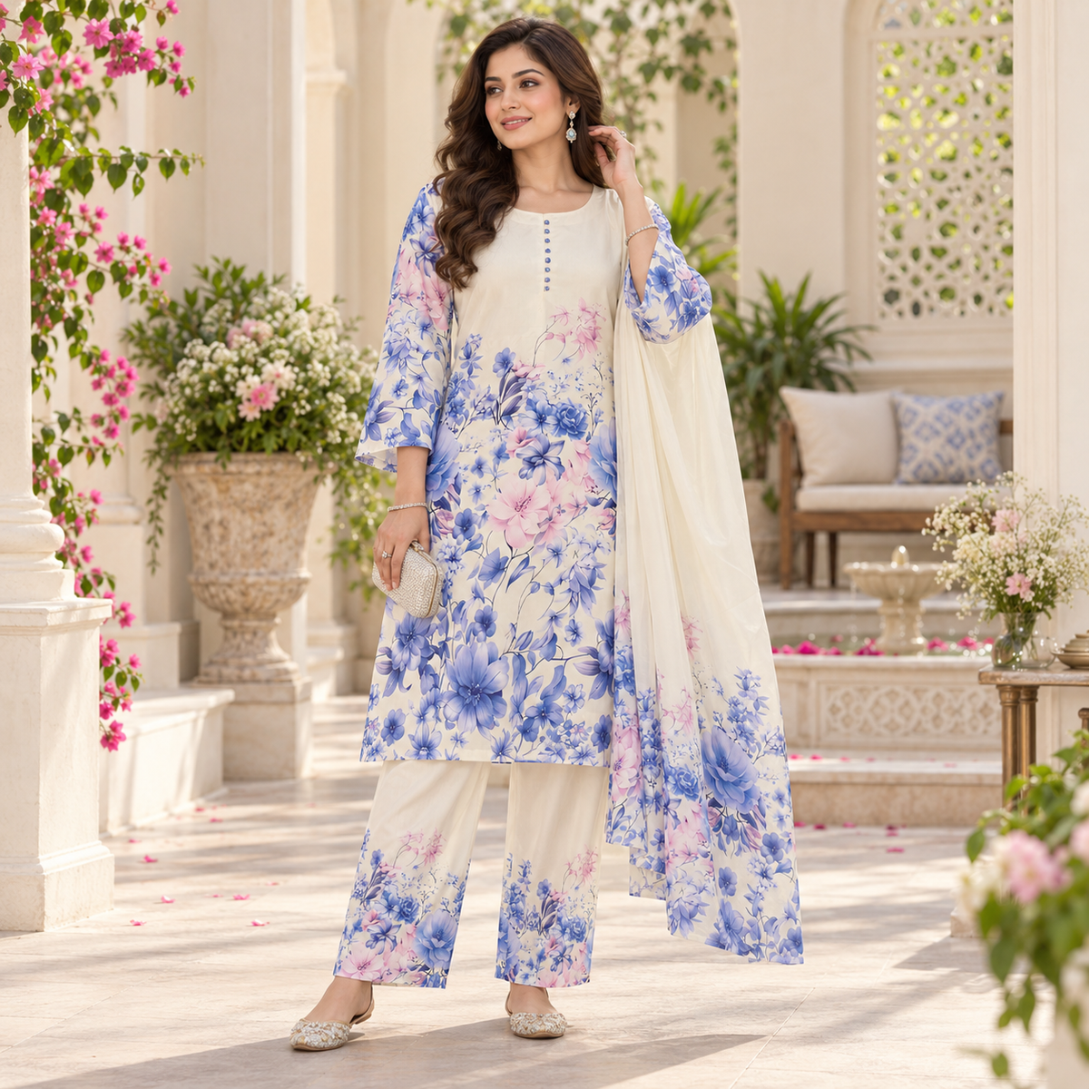 Sky Blue Satin Farshi Set with Dupatta