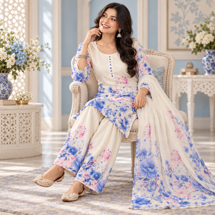 Sky Blue Satin Farshi Set with Dupatta