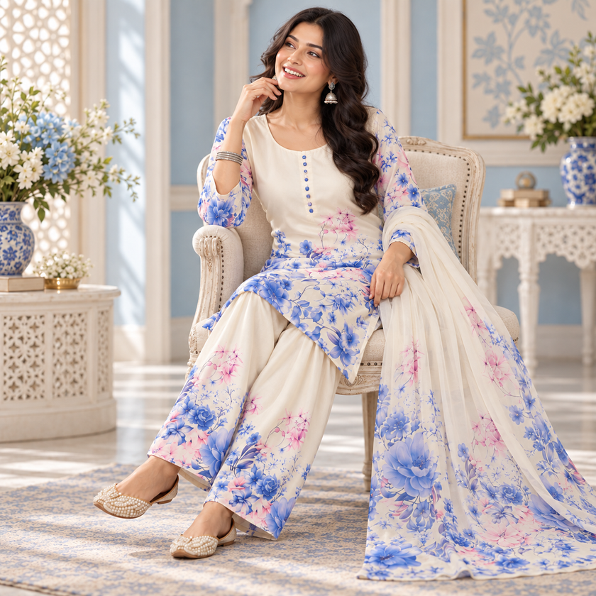 Sky Blue Satin Farshi Set with Dupatta