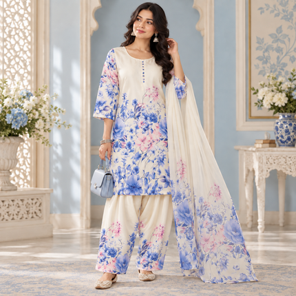 Sky Blue Satin Farshi Set with Dupatta