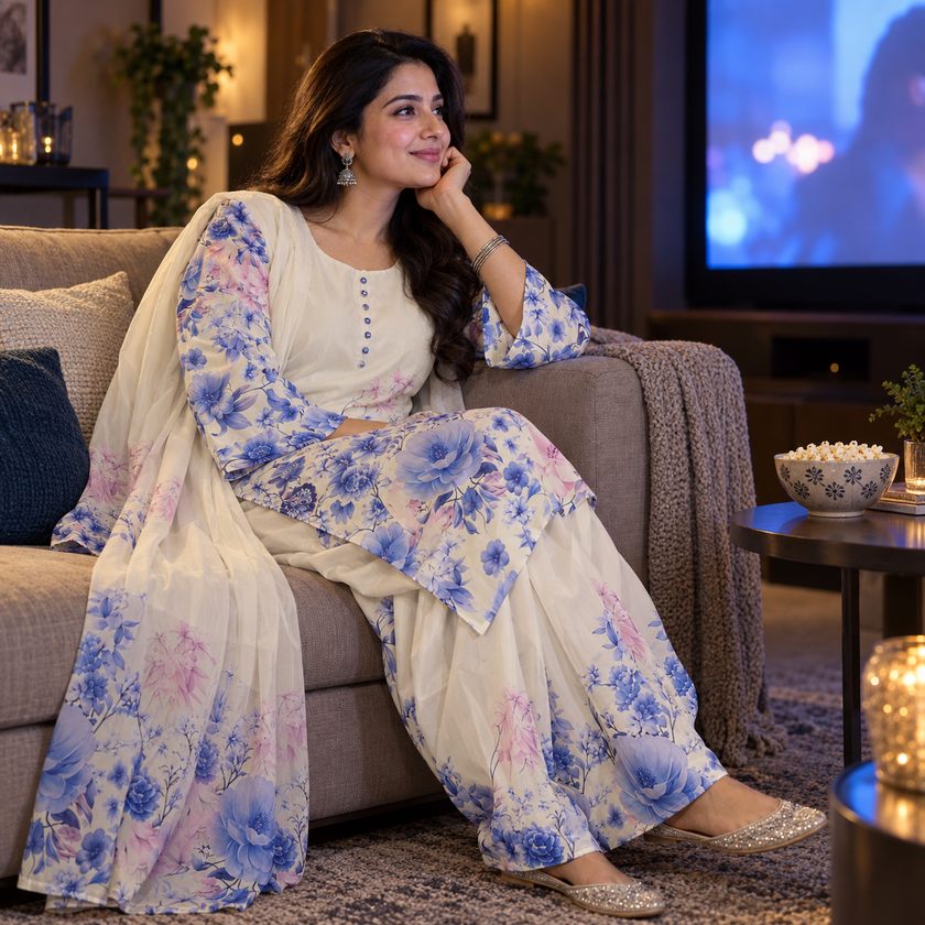Sky Blue Satin Farshi Set with Dupatta