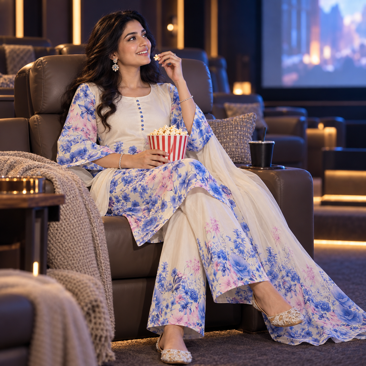 Sky Blue Satin Farshi Set with Dupatta