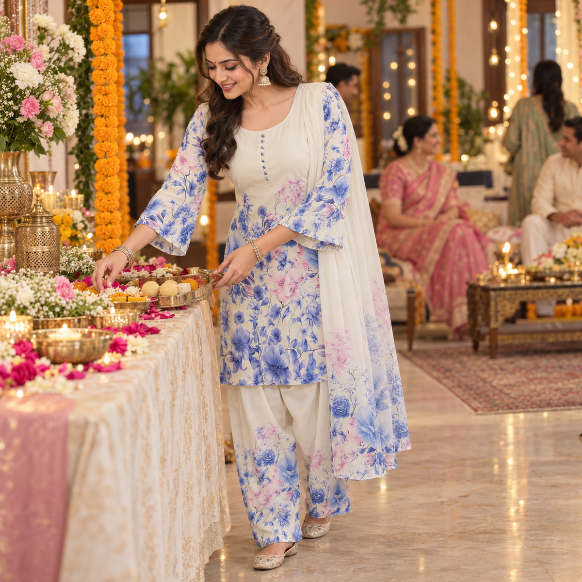 Sky Blue Satin Farshi Set with Dupatta