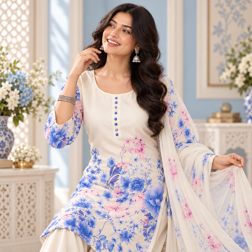 Sky Blue Satin Farshi Set with Dupatta