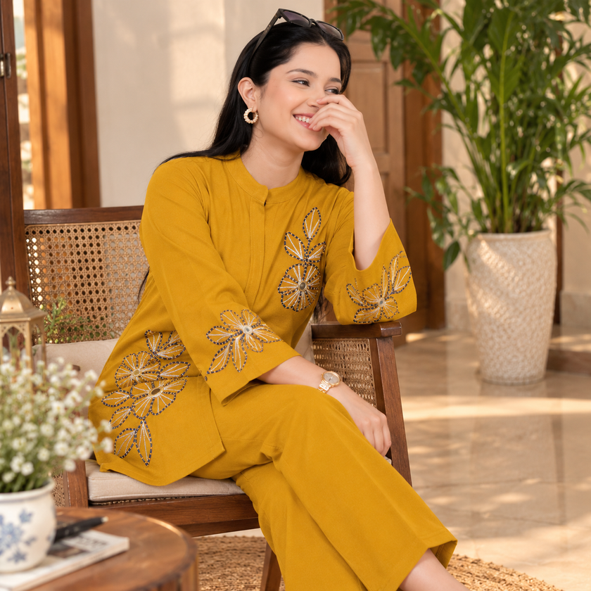 Yellow Woolen Cord Set
