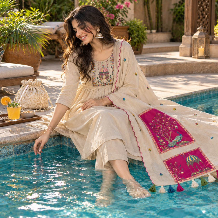Ivory Peacock A-Line Dupatta Suit